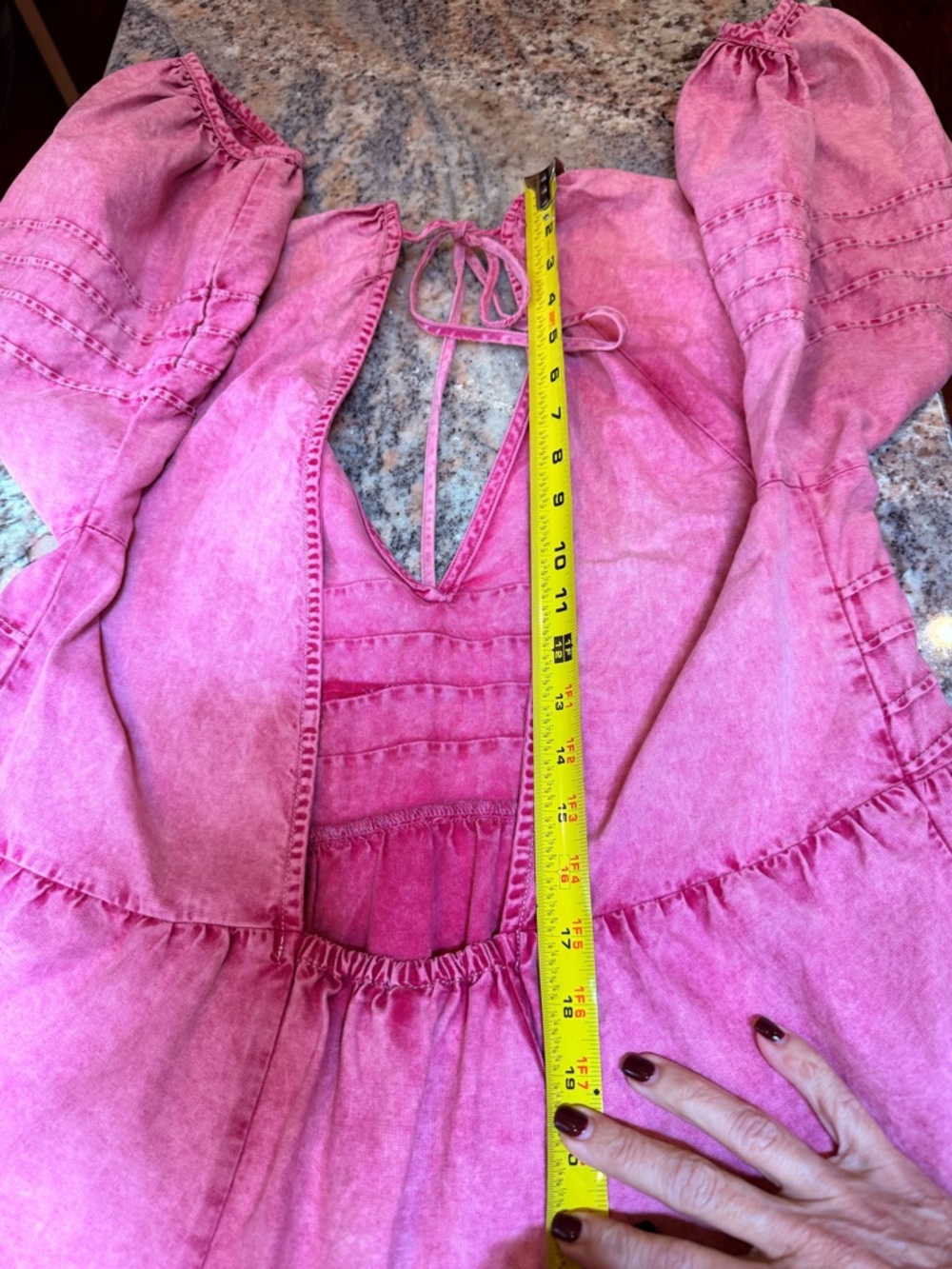Free People Pink Babydoll Mini Dress Puff Sleeve Boho Acid Wash Size Large - Picture 8 of 11